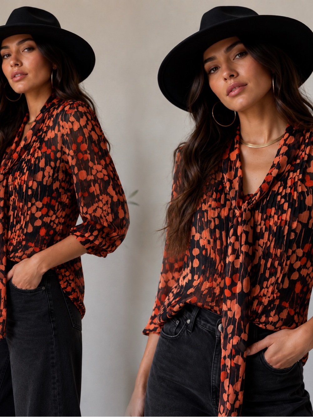 Banana Republic Black & Orange Printed Tie-Neck Blouse